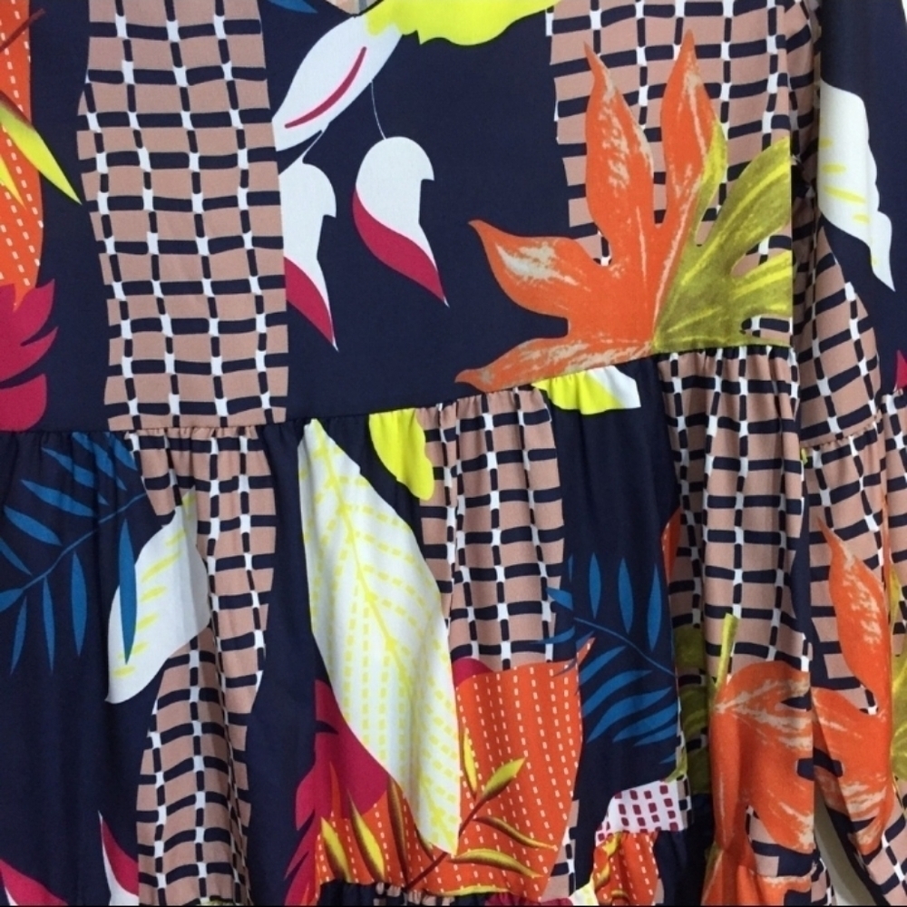 Boho Tropical Print Tiered Babydoll Dress - Picture 3 of 5